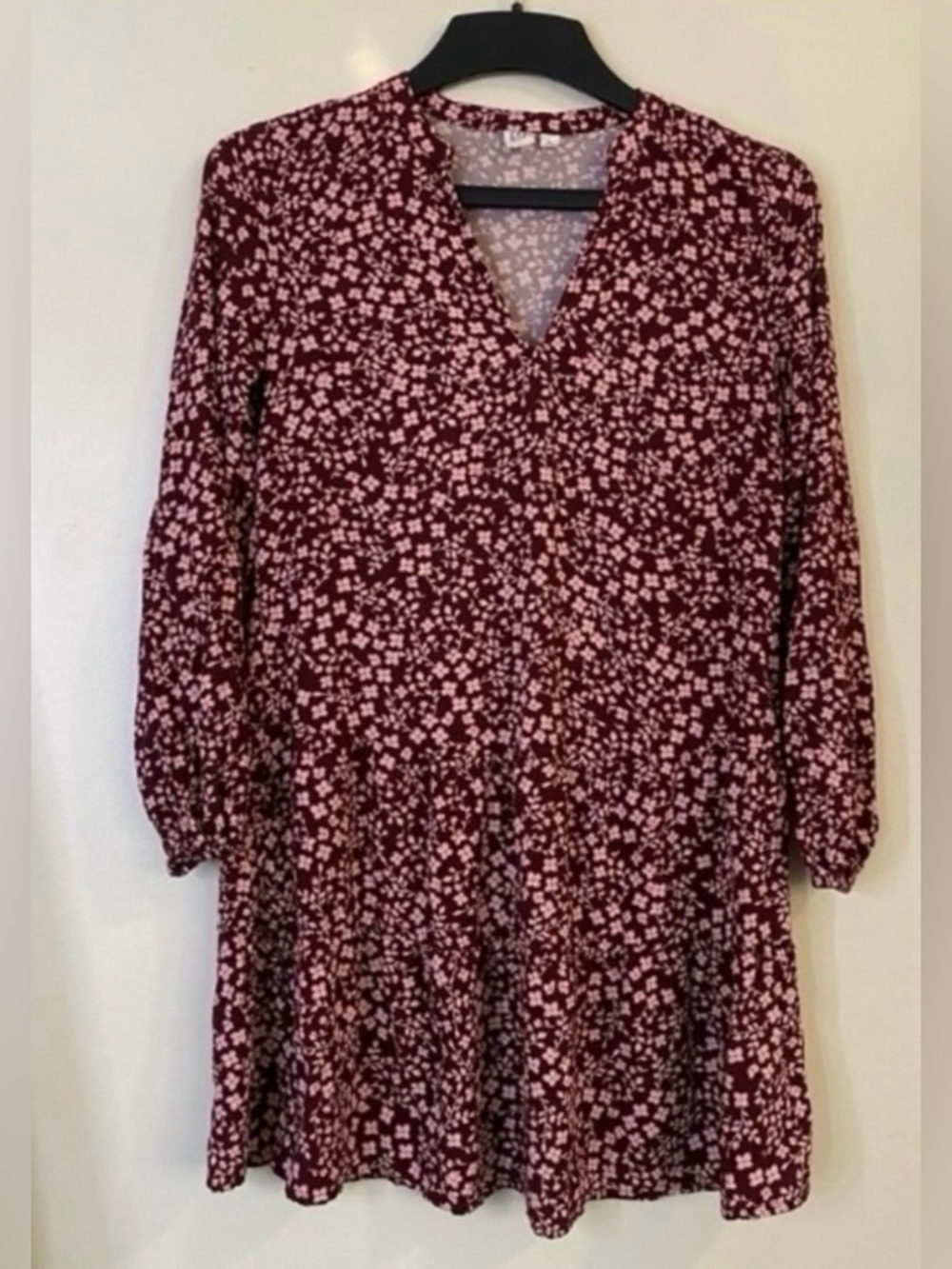 GAP Burgundy Ditsy Floral mini flowy dress long sleeve